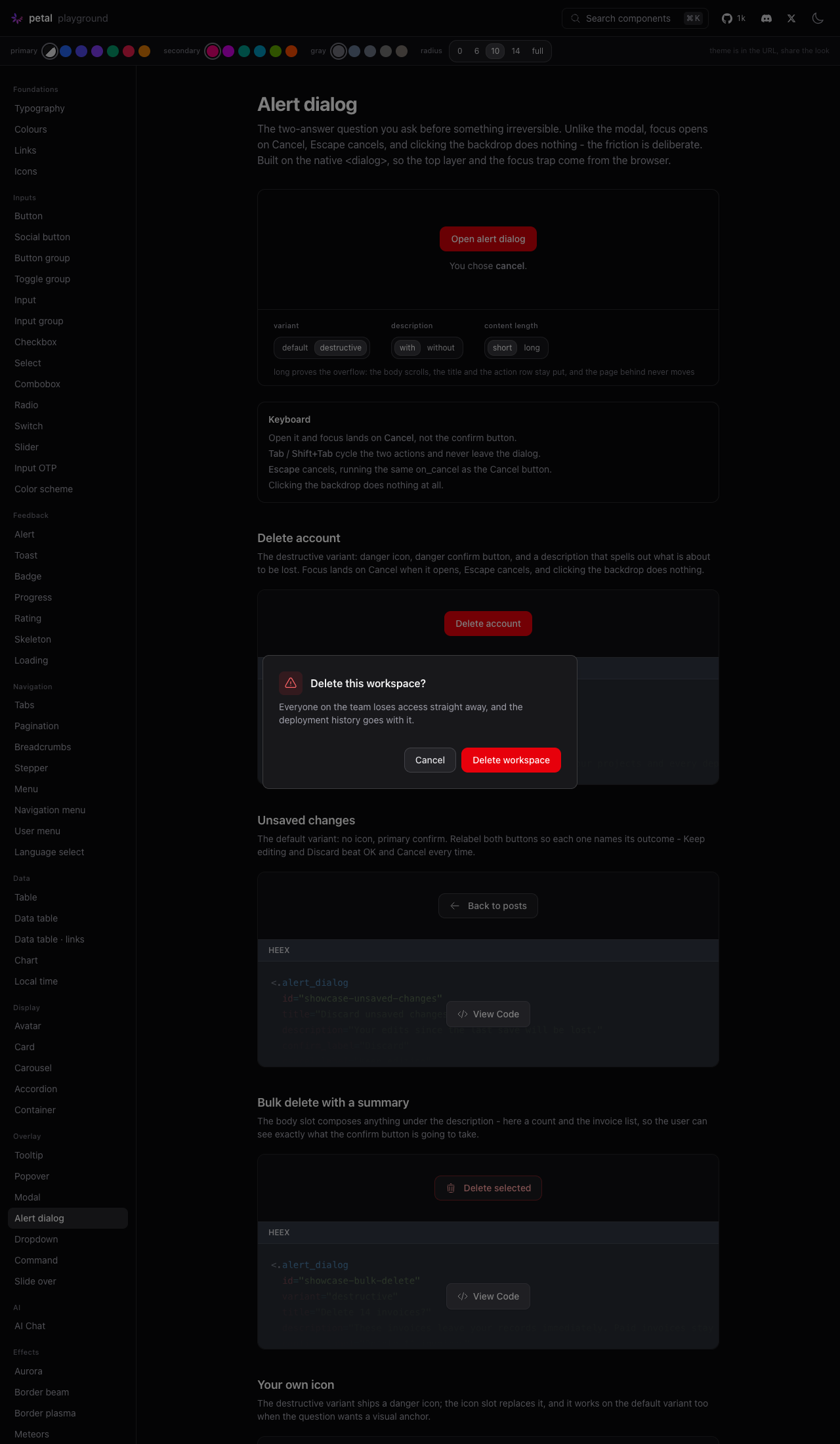 Alert dialog open, dark