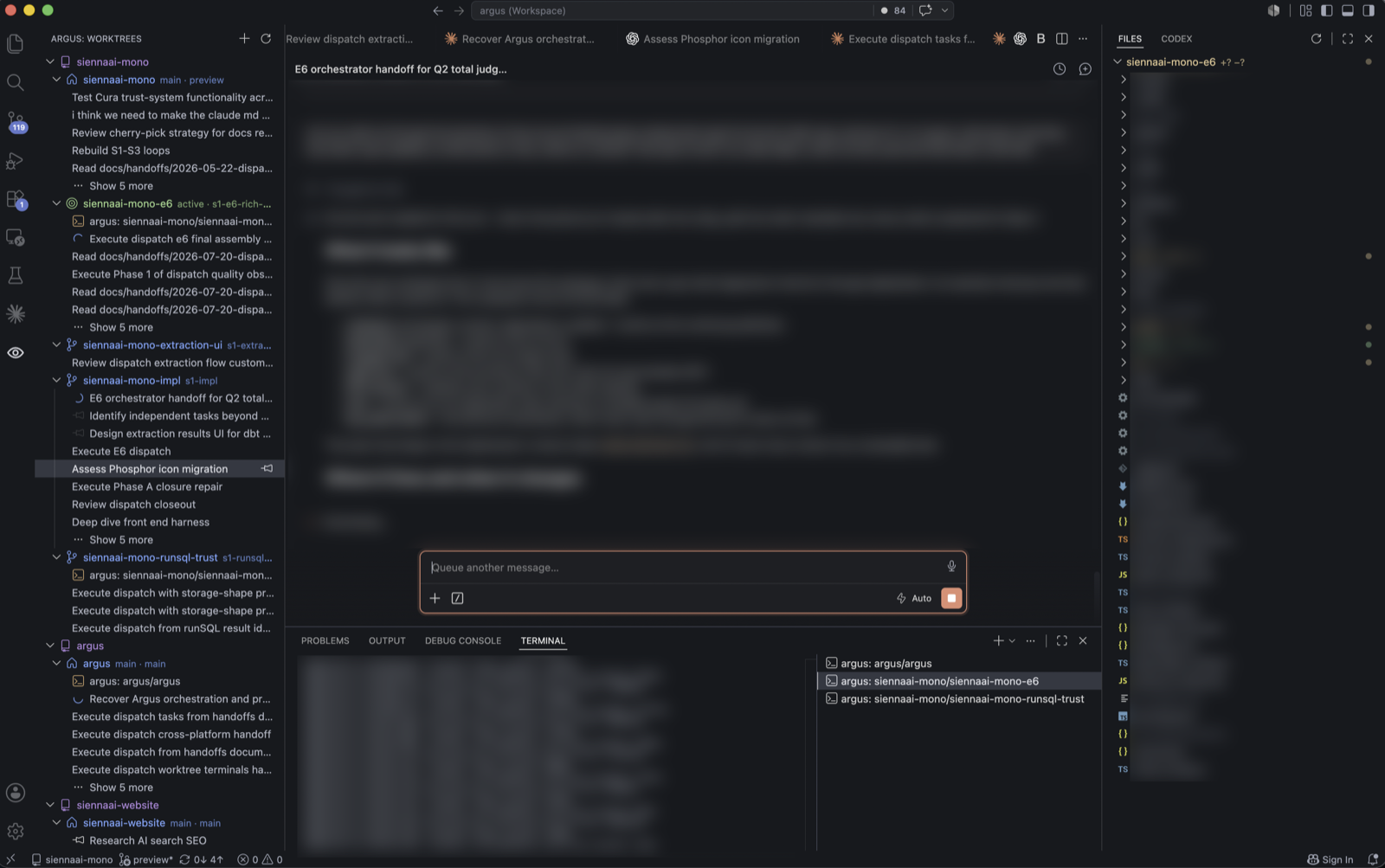 Argus showing Worktrees, native agent tabs, changed files, and terminals