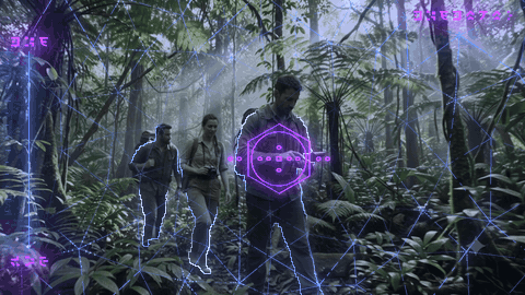 Focus: neon-purple HUD, blue geodesic sphere and one moving hexagon