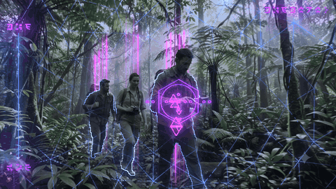 Relic: hot-pink ornaments and rising body-centered light streams with a purple HUD and blue grid