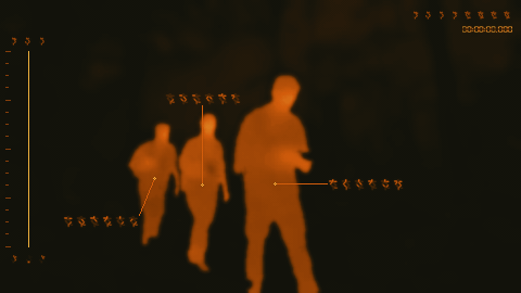 Ripley: burnt-orange thermal colors and glyphs with a brighter amber waveform