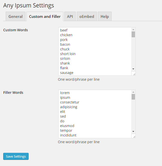 Configure your custom ipsum