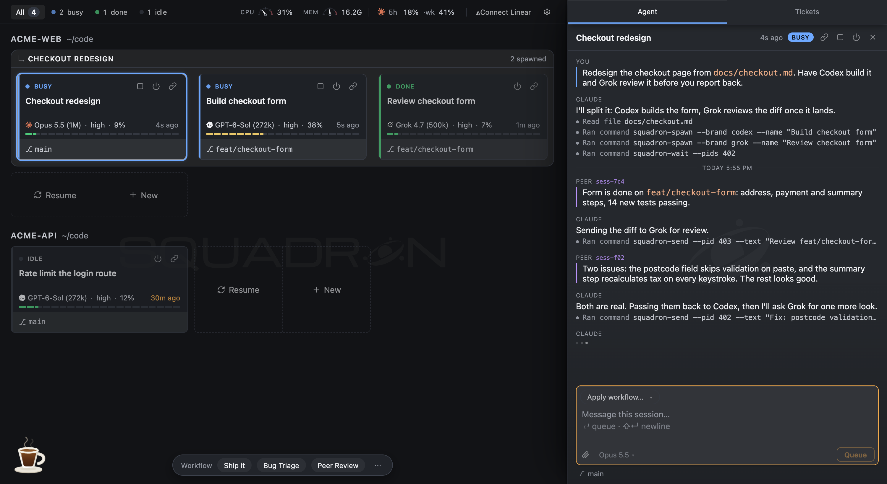 Claude hands a build to Codex and a review to Grok, and reads both replies
