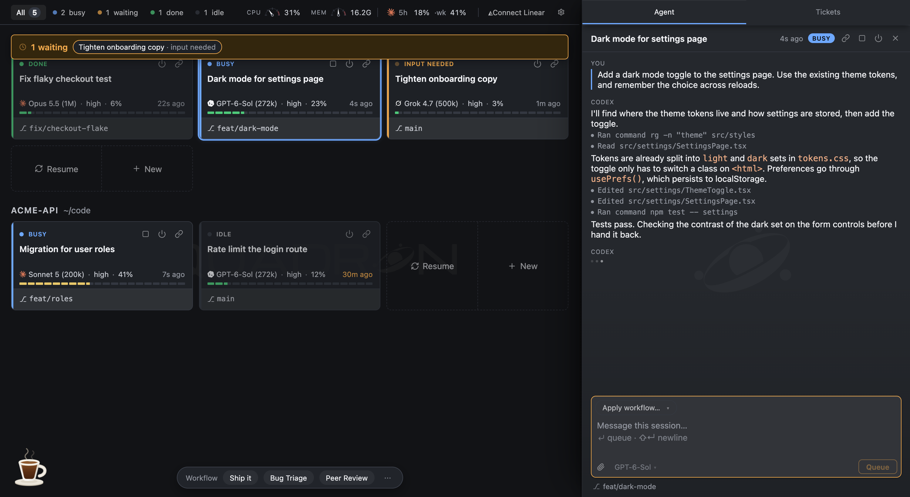 Squadron: sessions grouped by repo, with one open in the dock