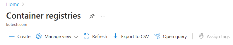 Azure Container Registries Navigation Bar Create Link