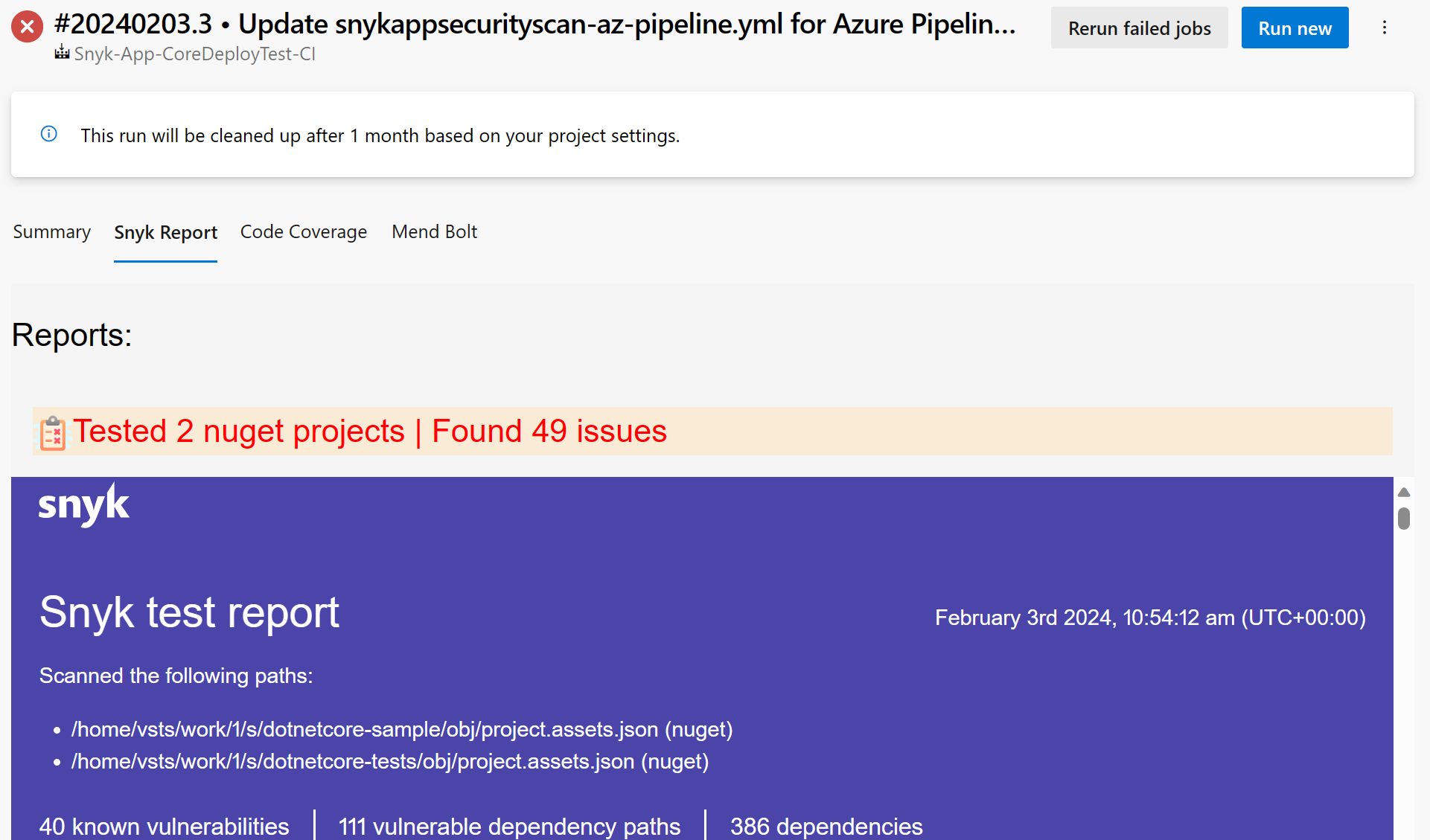 Azure DevOps Pipelines Snyk Test Report