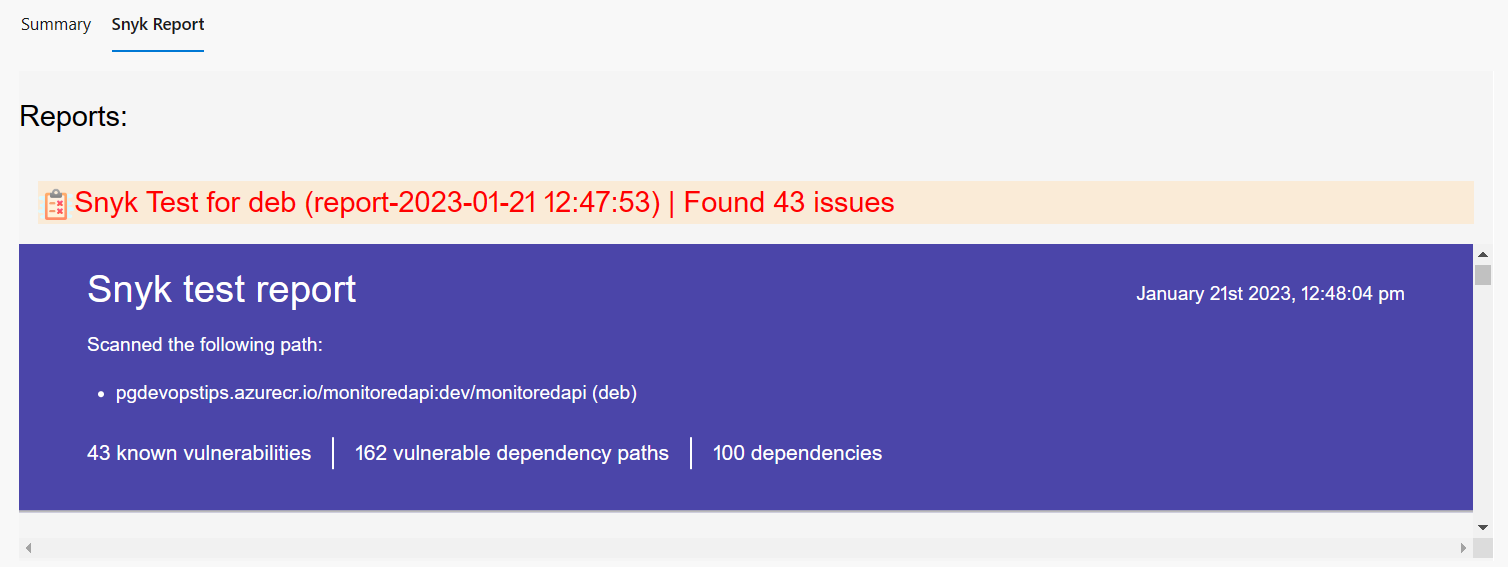 Azure DevOps Pipelines Snyk Test Report