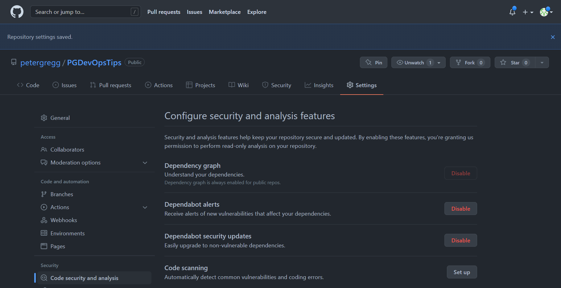 GitHub Settings Code Security And Analysis Code Scanning Navigation