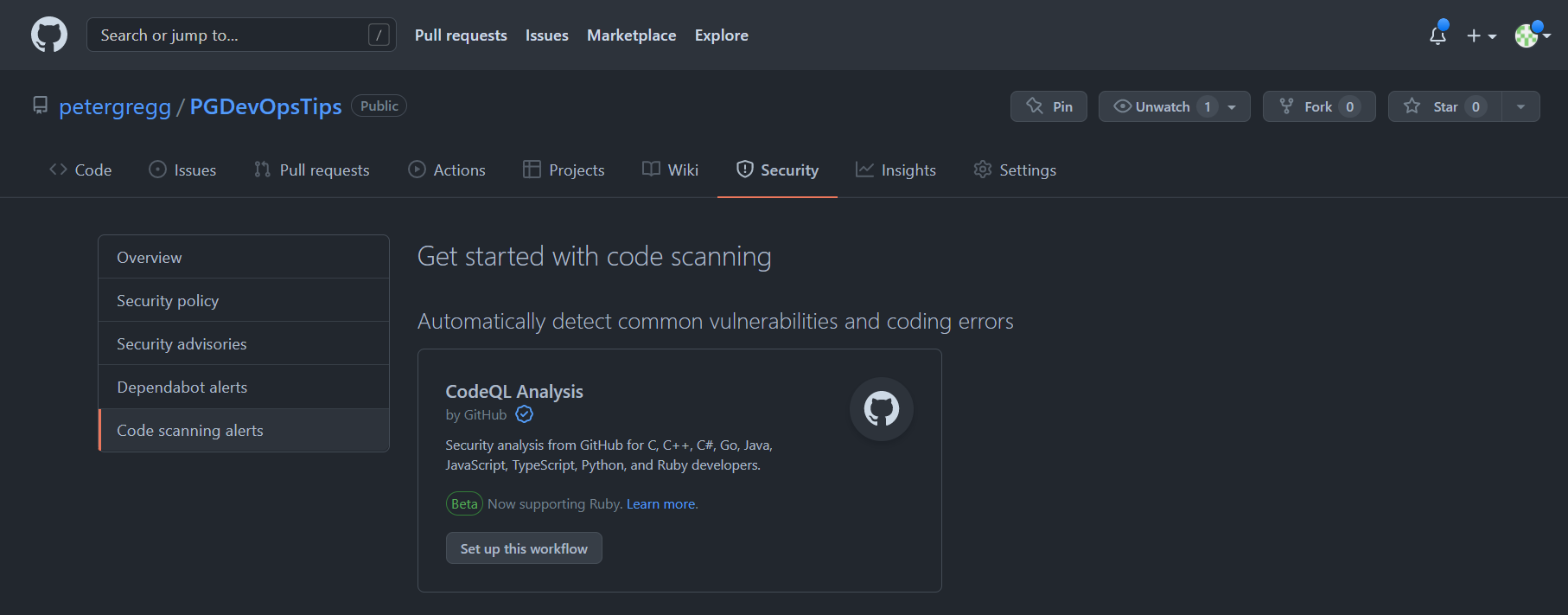 GitHub Settings Code Security And Analysis Code Scanning Set Up This Workflow