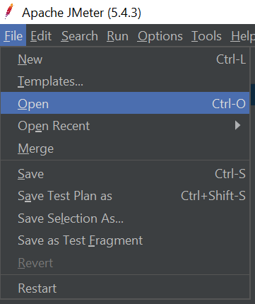 JMeter open test script via file menu step 1