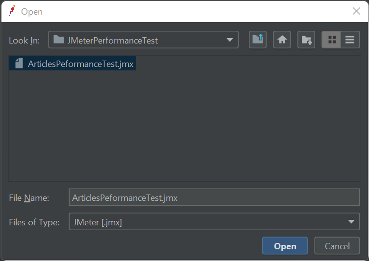 JMeter open test script via file menu step 2