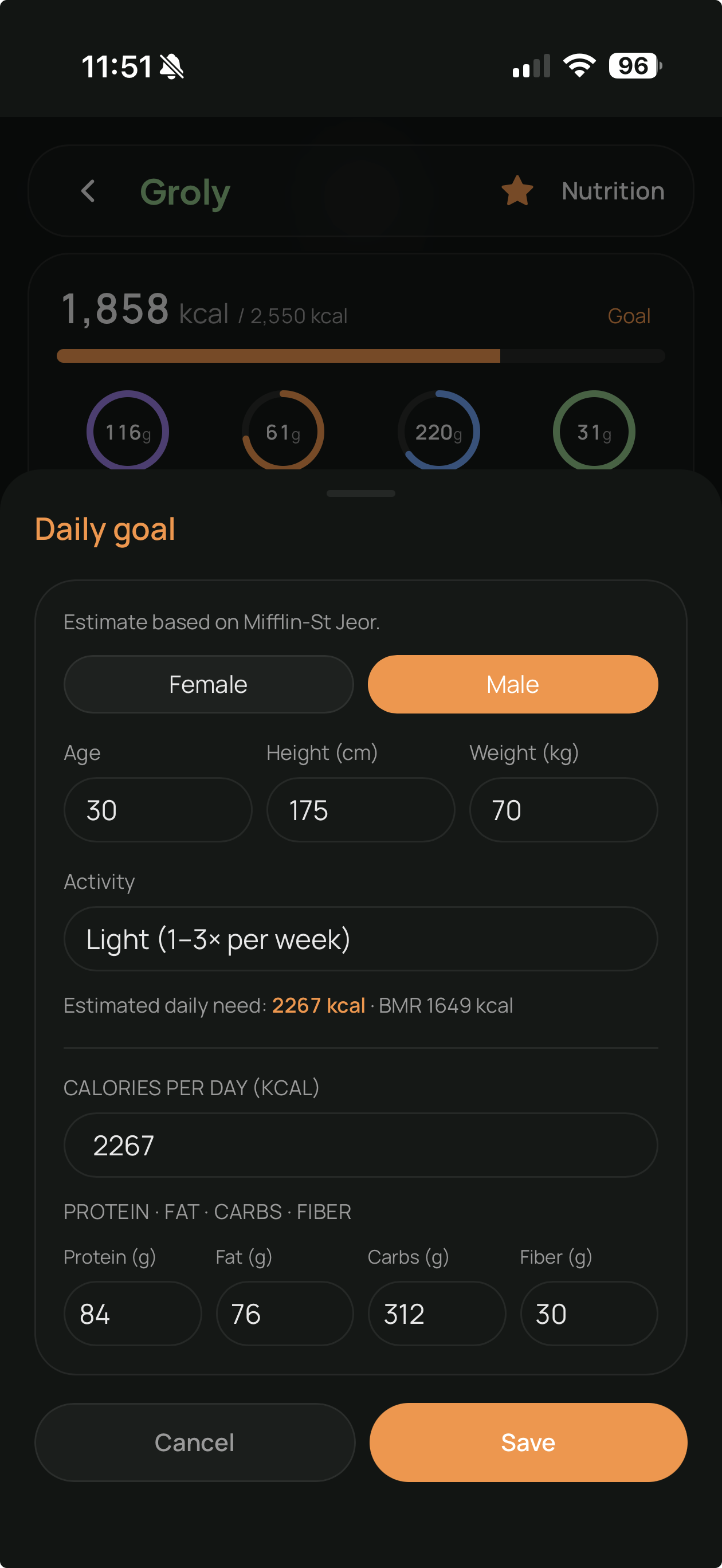 Daily calorie & macro goal
