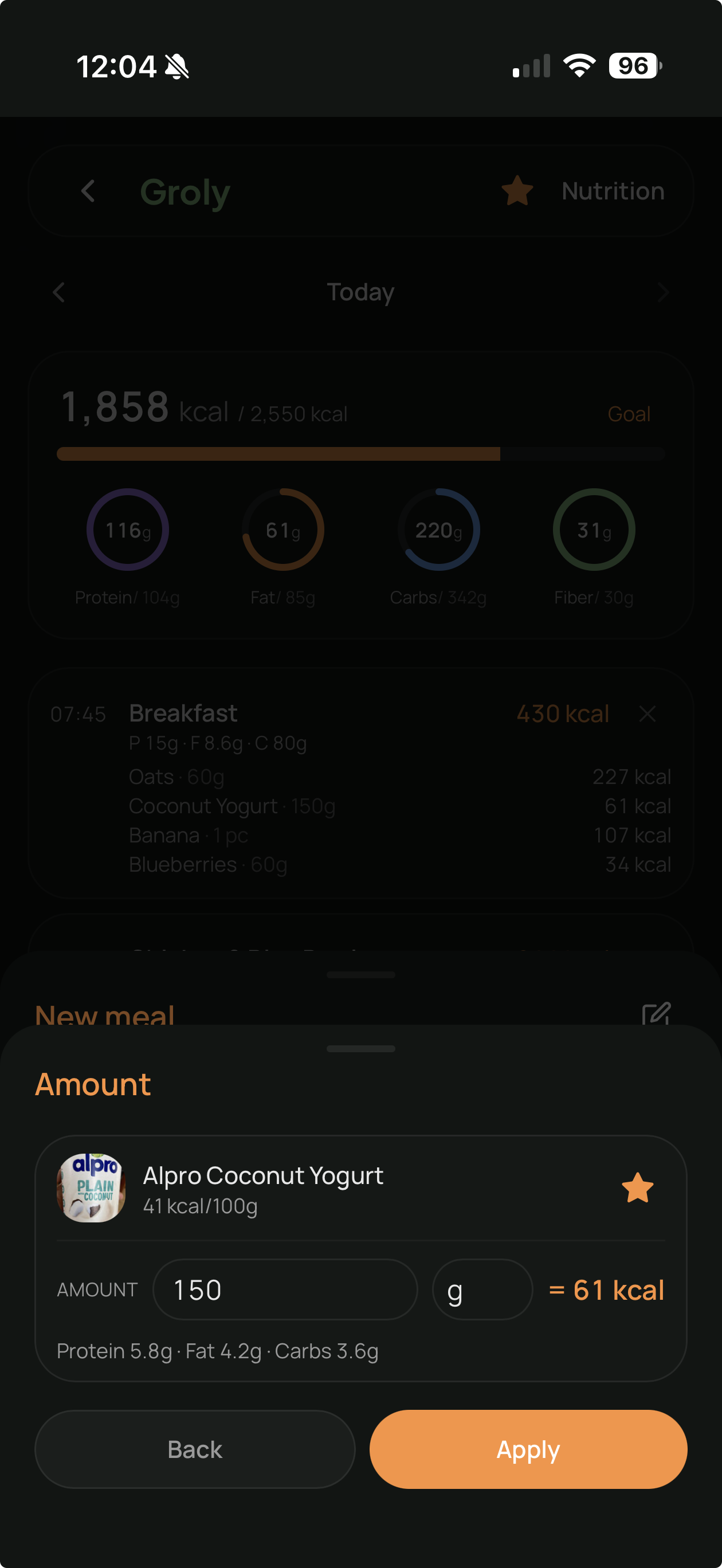 Add a food with amount