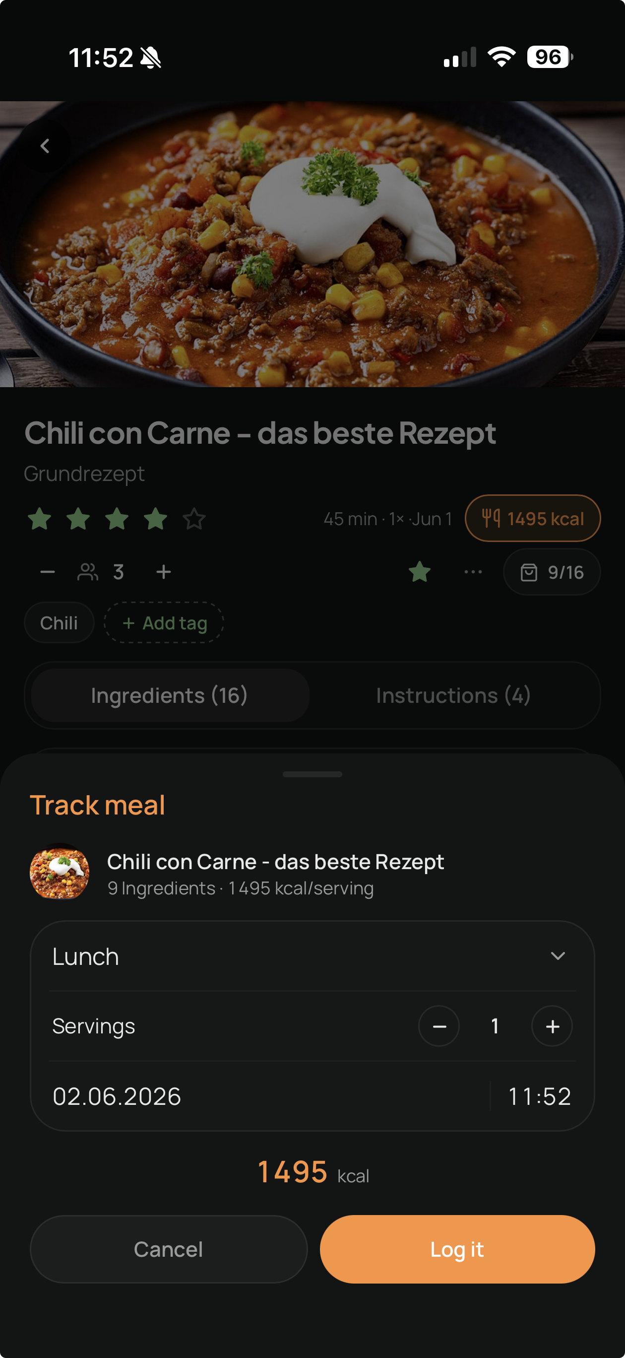 Track a recipe as a meal