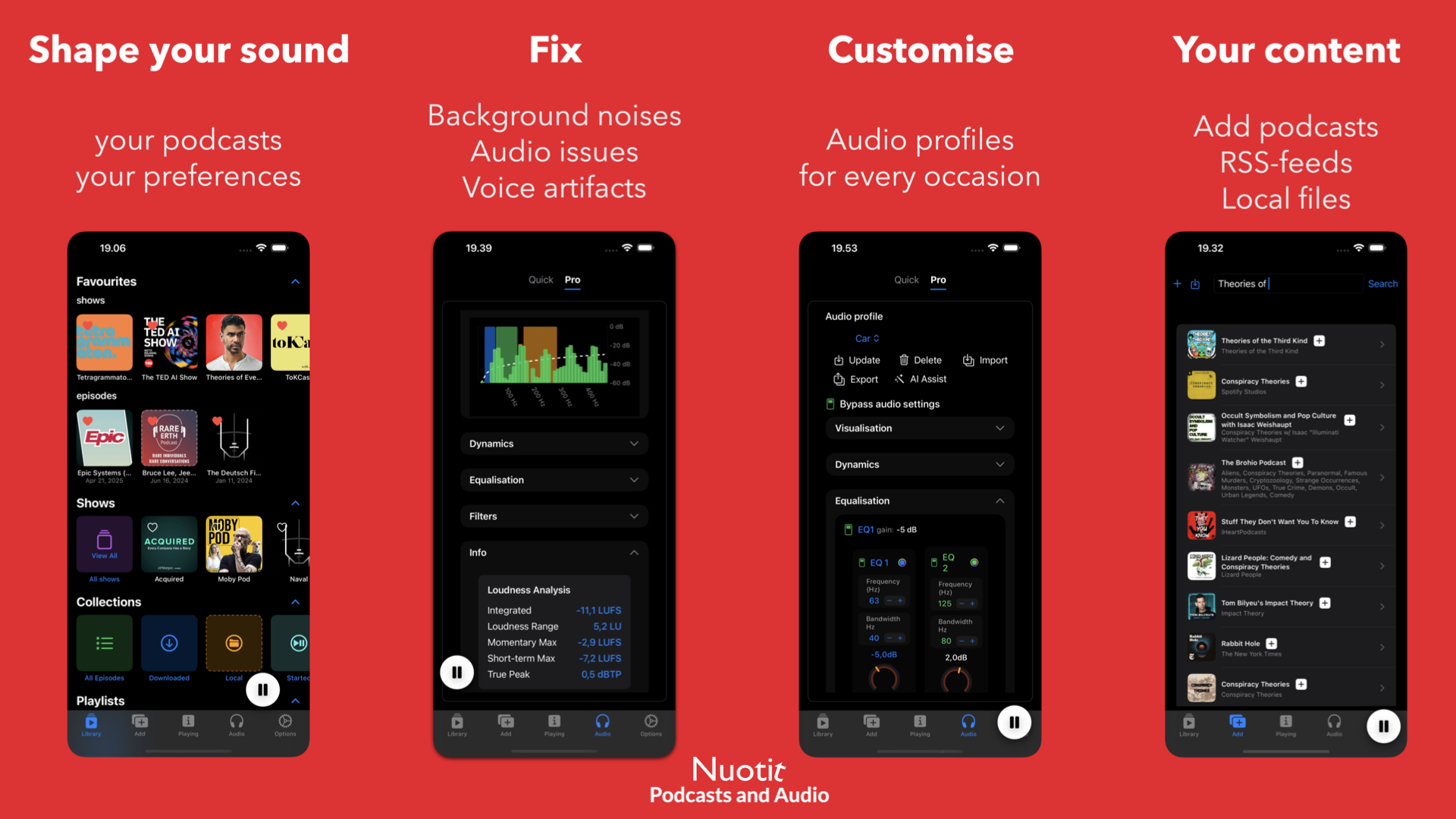 Nuotit — unified audio library, on-device transcripts, audio profiles, clip export