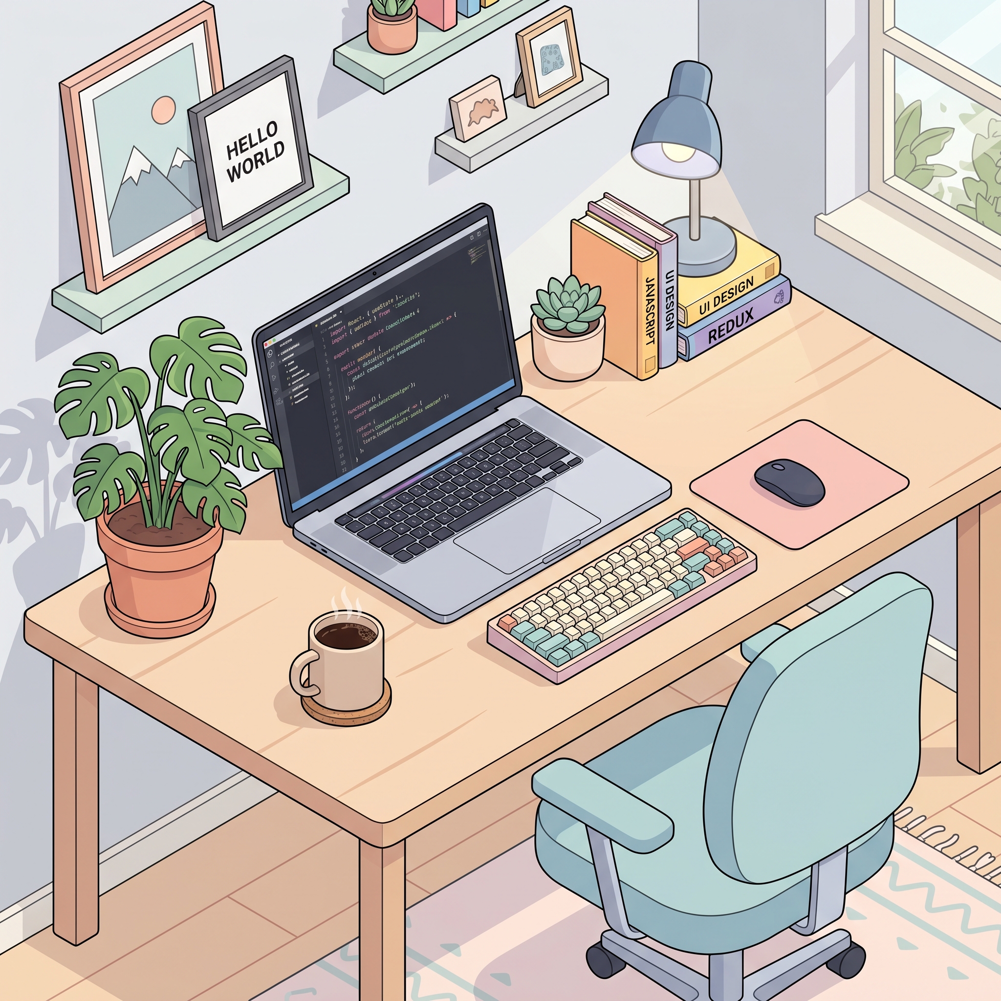 Isometric illustration of a developer workstation