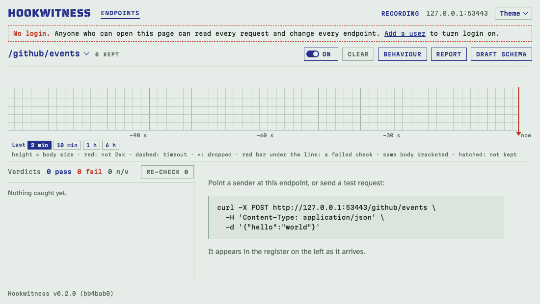 A 20-second run: GitHub webhooks arrive live on the register; the third is answered 503 by a rule; one signed with the wrong secret turns red and its page says the signature does not match; then the report is downloaded and opened.