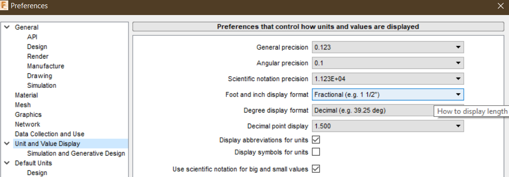 User Preferences Unit Display