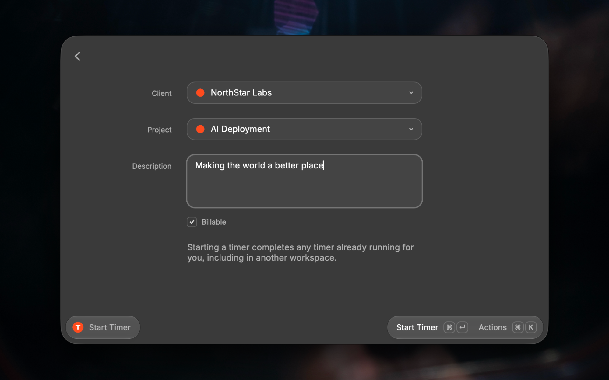 Start a timer for a selected client and project
