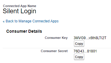 Consumer key and secret Showing the consumer key and secret screen