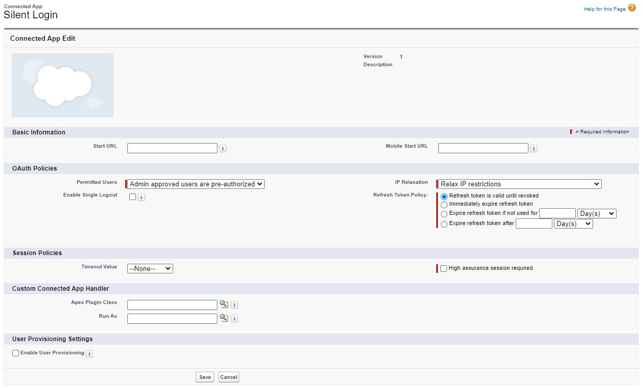 OAuth policies Showing the Connected App OAuth policies screen