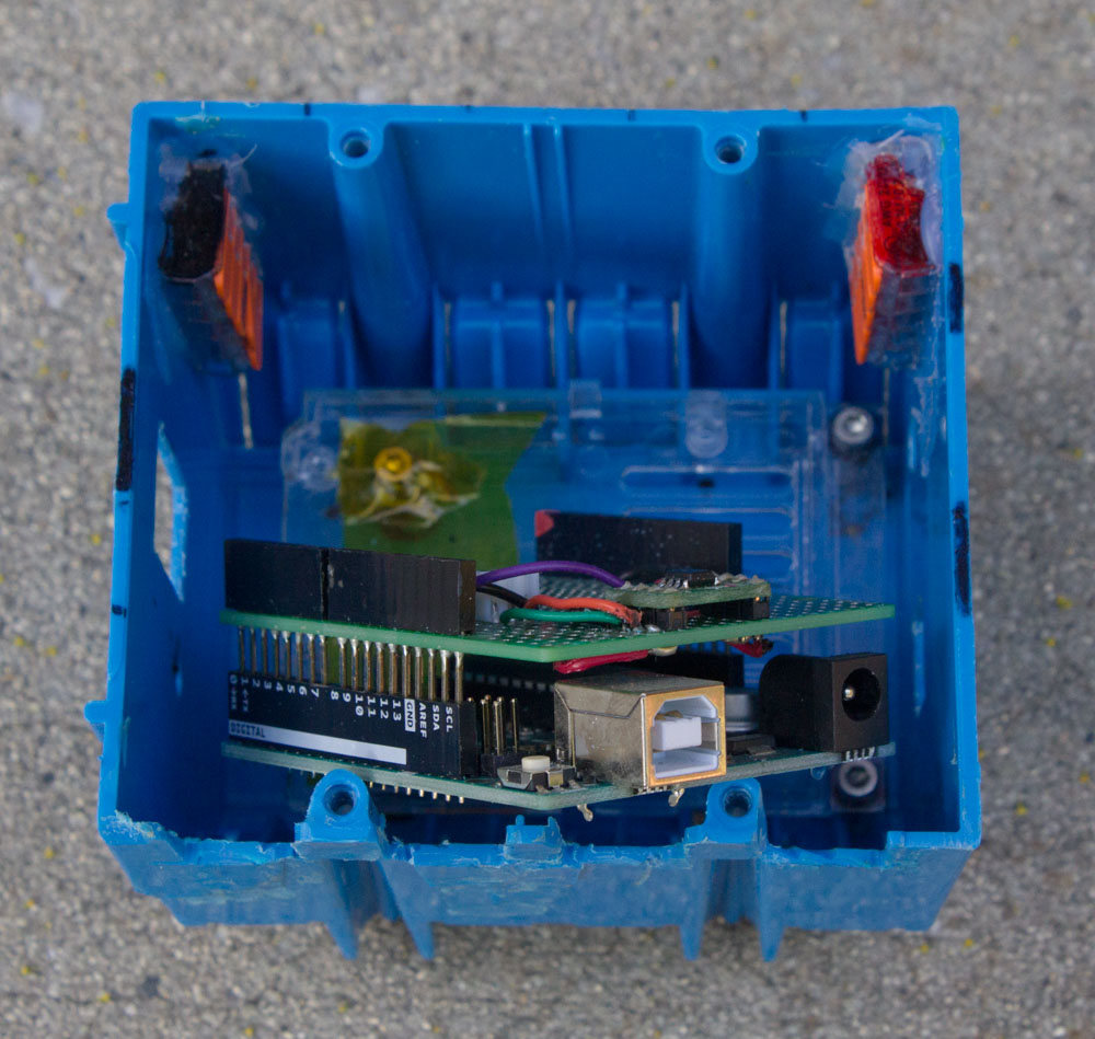 Inside view of DMX controller prototype, showing the Arduino