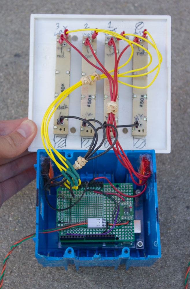 Inside view of DMX controller prototype, showing the wires