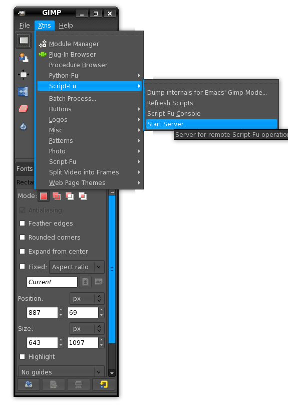 Start up the server from the Gimp