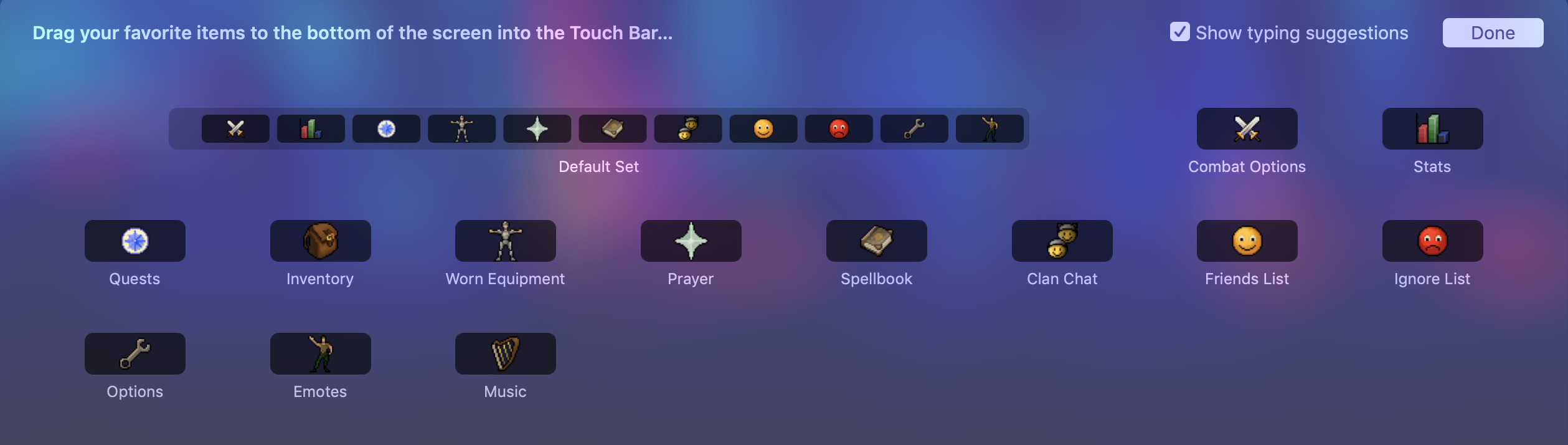 Touch bar customization UI screenshot