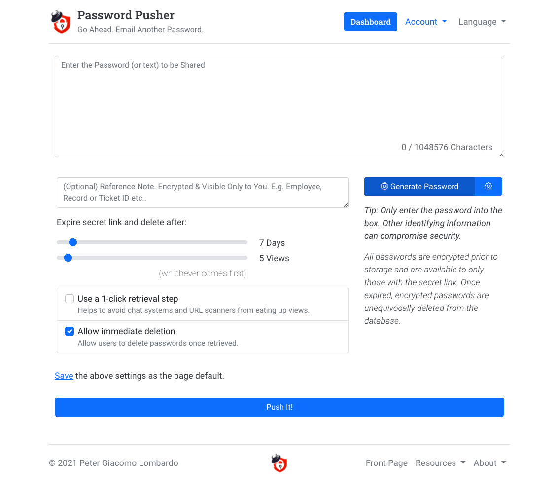 Password Pusher Front Page