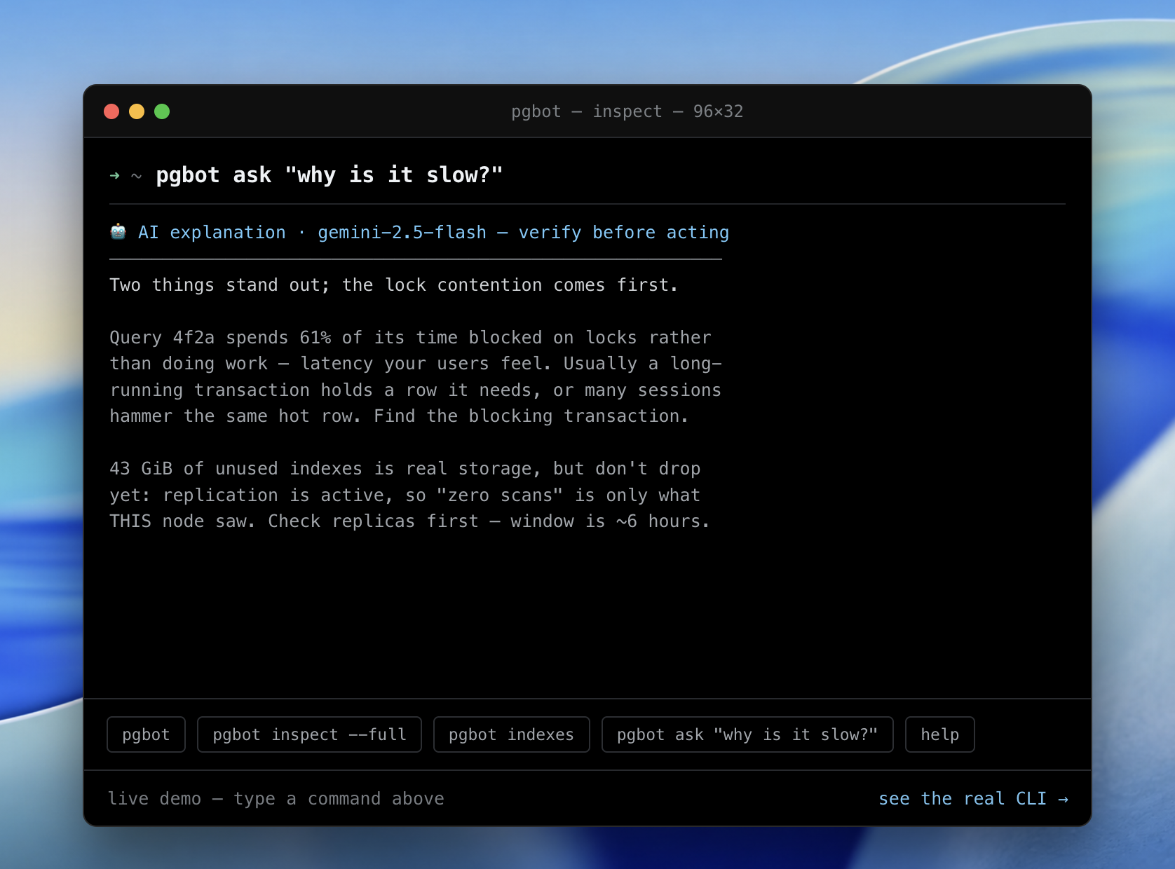 pgbot ask — an AI reading of pgbot's findings, with caveats carried