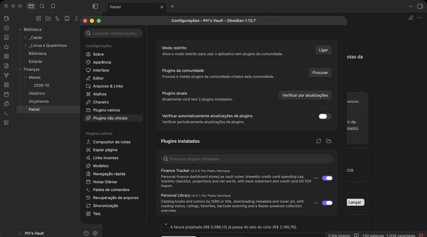 Personal Library na lista de plugins instalados do Obsidian