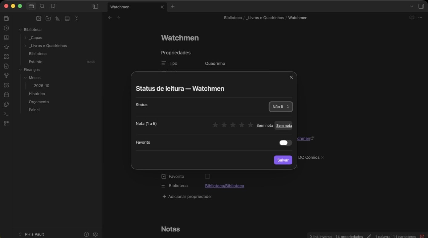 Modal de status de leitura, nota e favorito