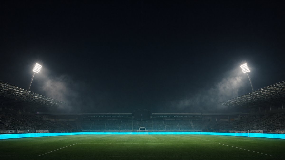 Empty football stadium at night under floodlights