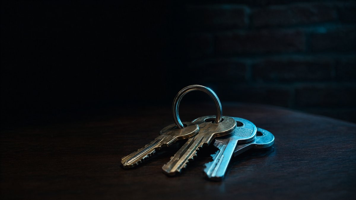 Photorealistic key ring on a dark desk with cyan rim light