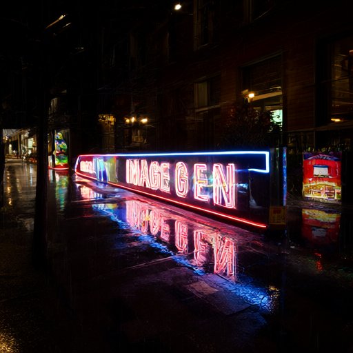 Neon sign reading IMAGEGEN on a rainy night, generated locally on a Mac