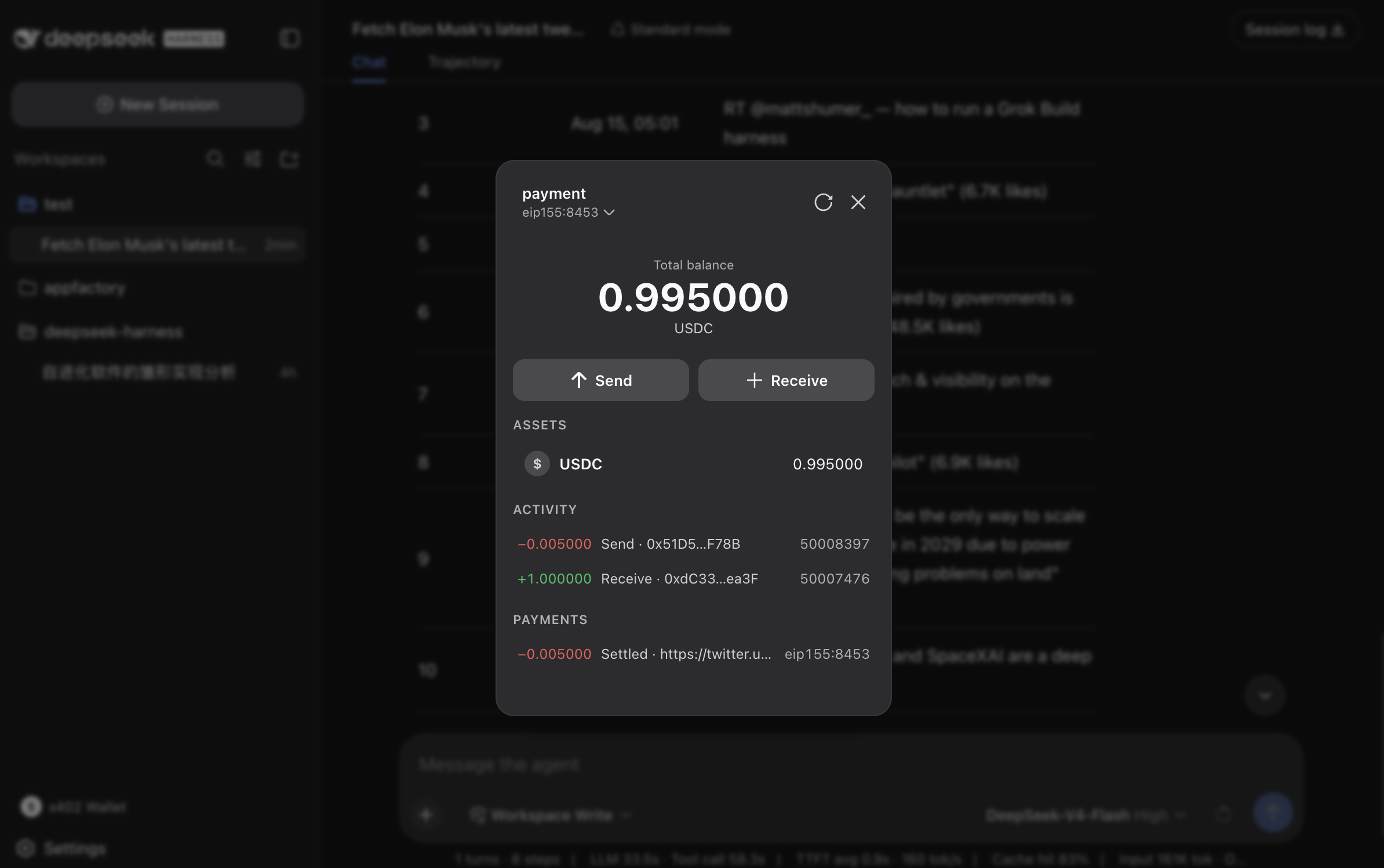 dsh-x402-wallet — the x402 payment wallet popup in the DeepSeek Harness web GUI