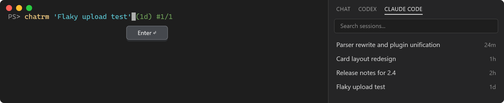 chatrm after Tab: the whole title filled in, quoted, with its age and match count, beside the chat panel