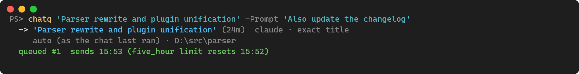 chatq queueing a prompt for a chat picked by its title, to be sent when the usage limit resets
