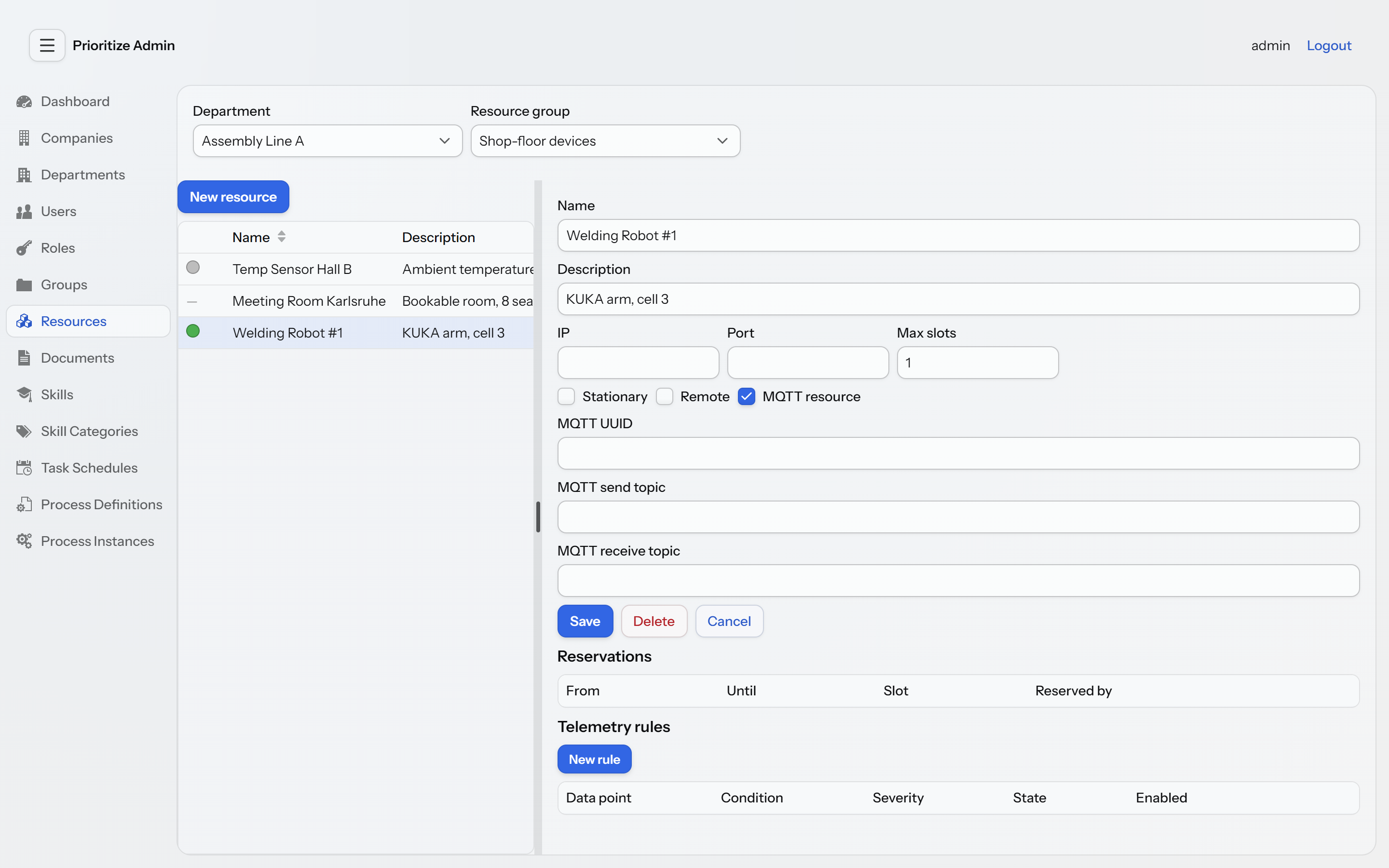Resources view with online-status indicators