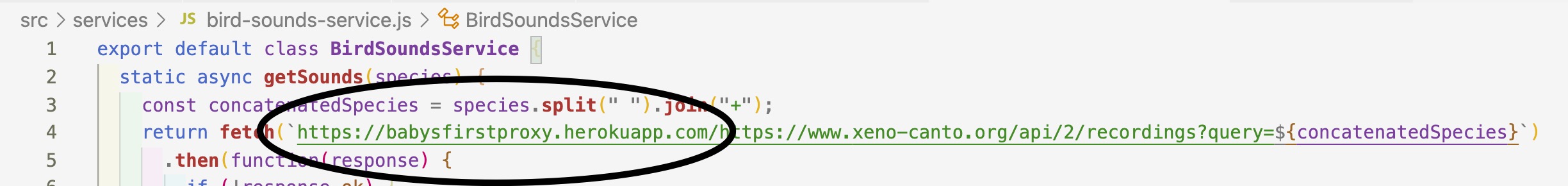 Screenshot of the code utilitzing the proxy-server in the xeno-canto API call.