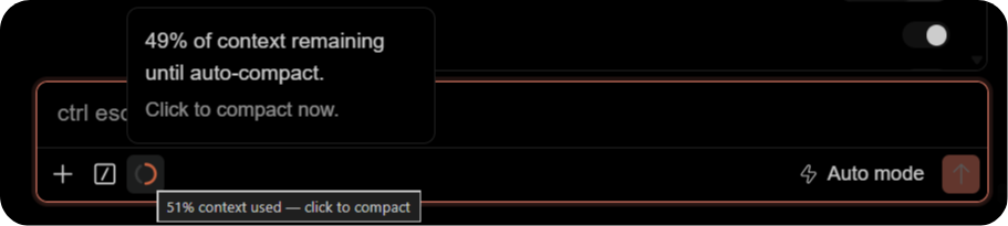 The context-usage icon and tooltip in the VS Code chat input, showing 51 percent context used and 49 percent remaining until auto-compact