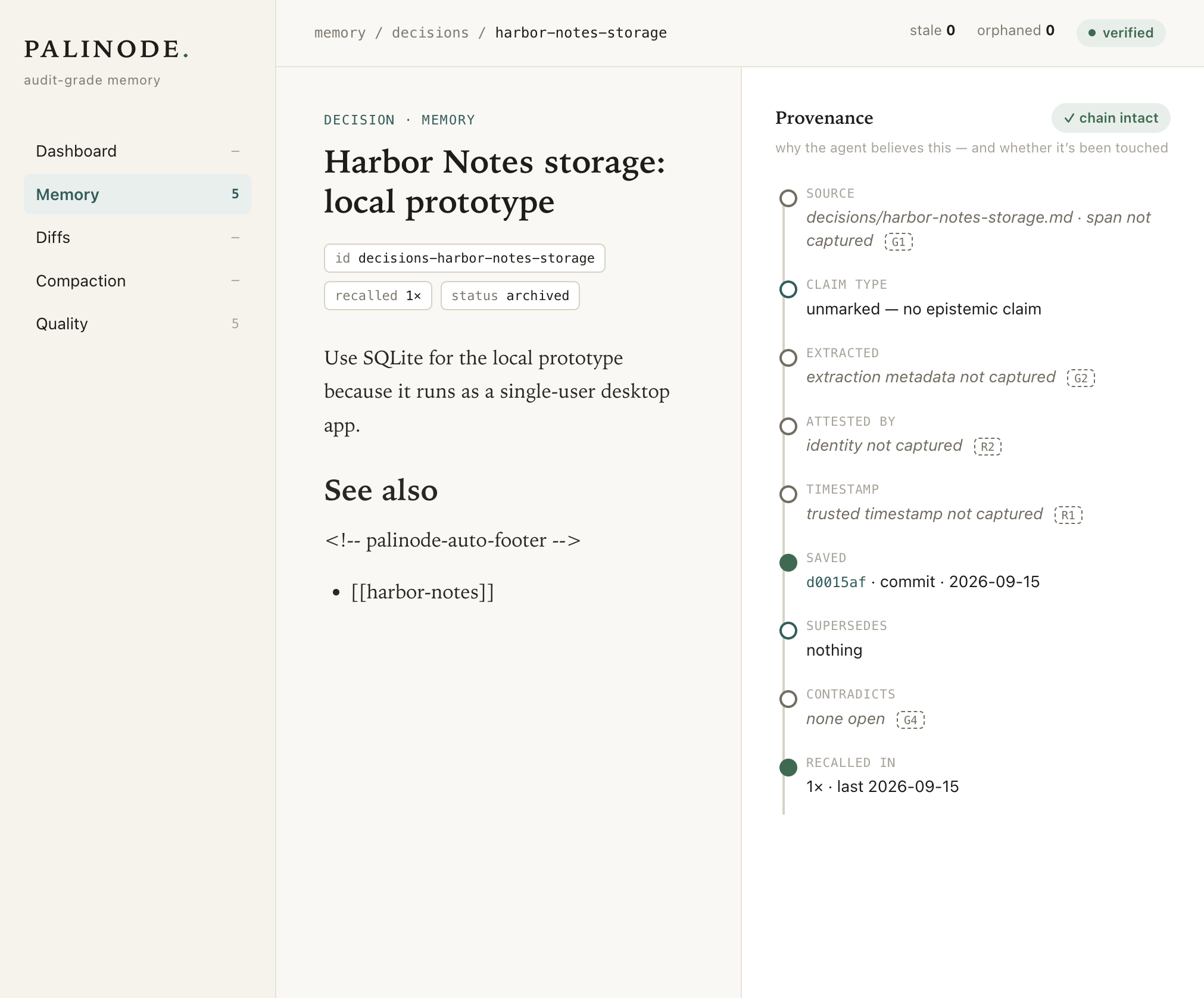 The fictional Harbor Notes inspector after the initial SQLite decision has been archived; the provenance panel includes the Saved commit.