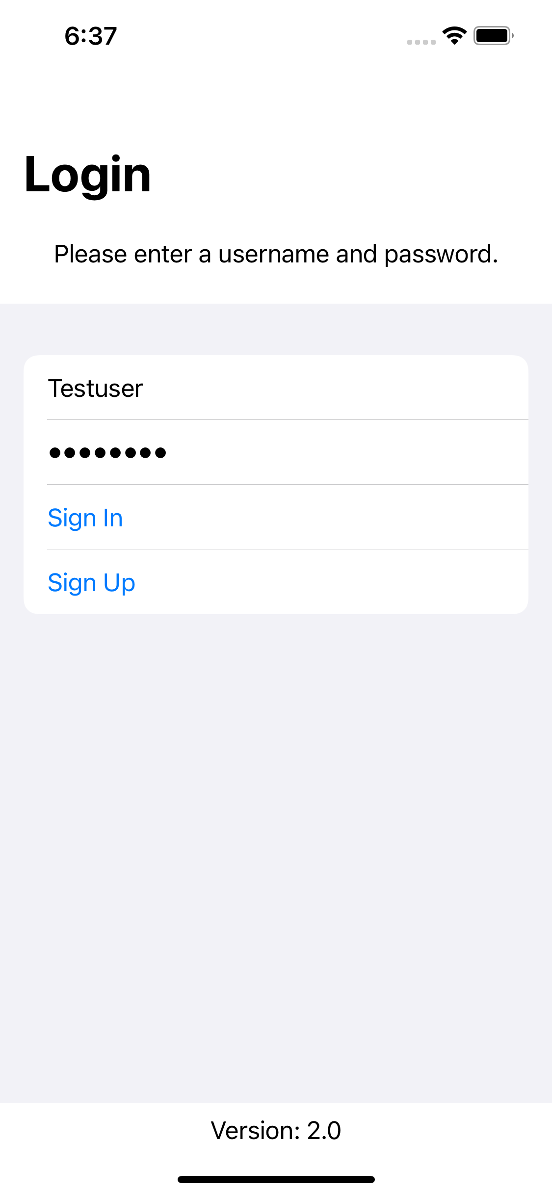 iOS simulator showing login form