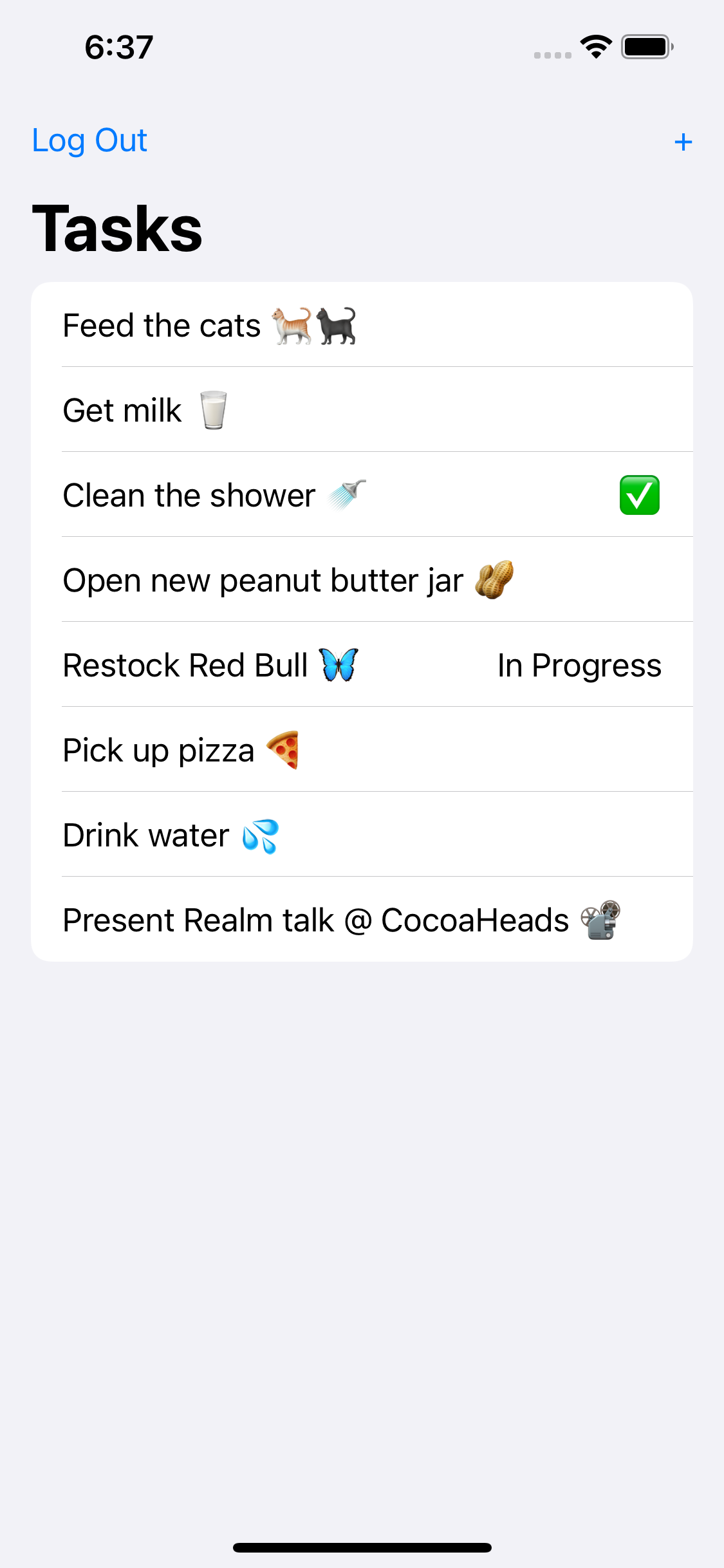 Screen showing a list of tasks