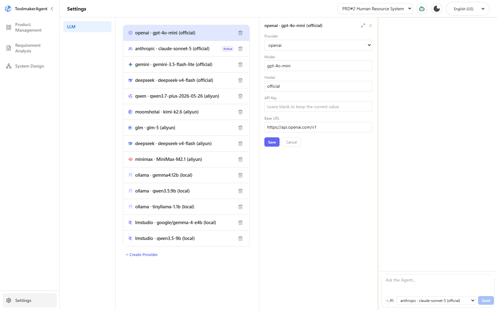 LLM provider settings