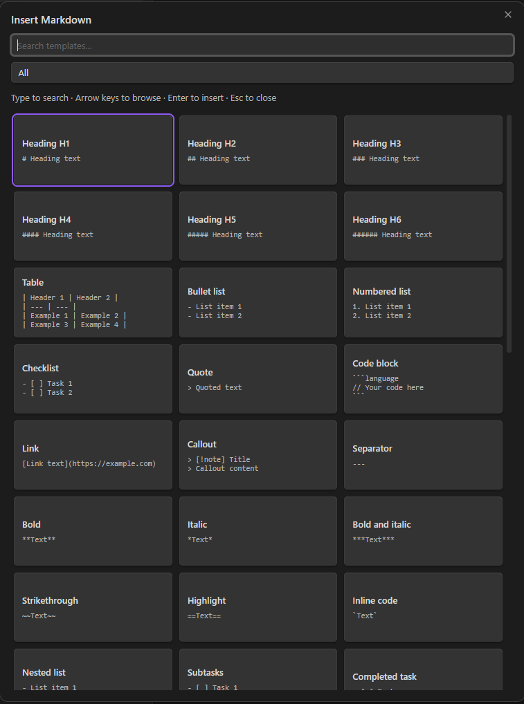 Searchable Markdown insertion grid with formatting previews