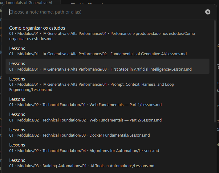 Searchable vault note selector showing note names and paths
