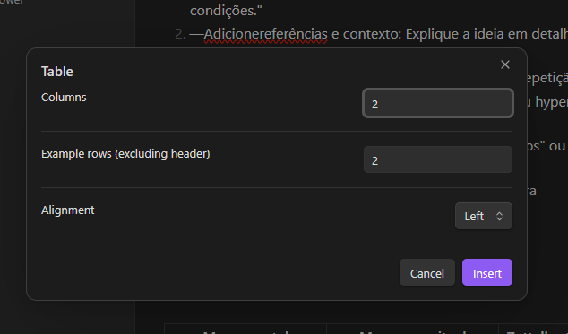 Table configuration with columns, example rows, and alignment