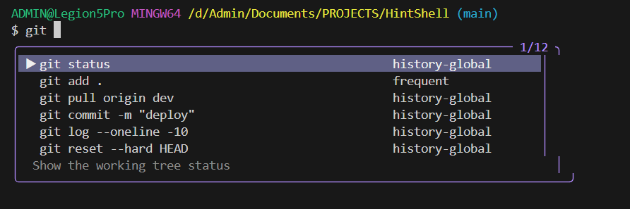 HintShell live suggestions in Git Bash